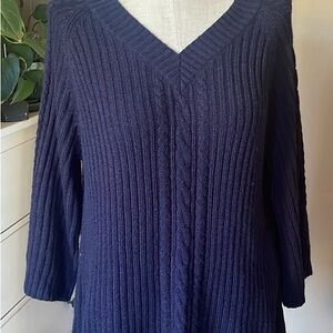 Laura Scott Dark Navy V-Neck Cable Rib Knit Sweater